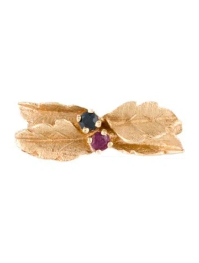 Pre-owned Brooch 10k Ruby & Sapphire Leaves Pin In Multi