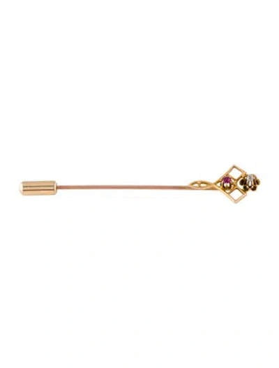 Pre-owned Brooch 10k Synthetic Ruby & Diamond Stick Pin In Multi