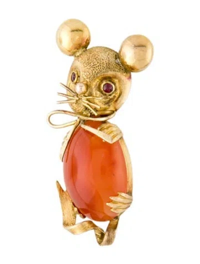 Pre-owned Brooch 14k Carnelian & Ruby Mouse  In Multi