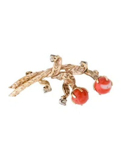 Pre-owned Brooch 14k Coral & Diamond Bouquet  In Multi