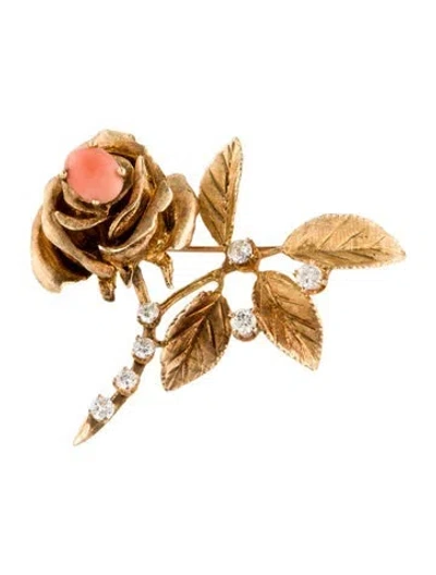 Pre-owned Brooch 14k Coral & Diamond Floral  In Orange
