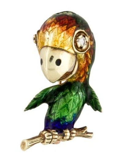 Pre-owned Brooch 14k Diamond & Enamel Parrot  In Multi