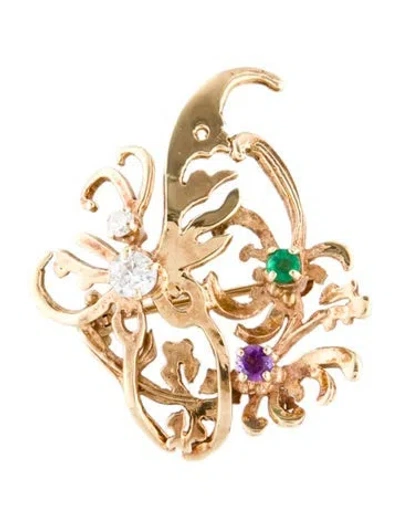 Pre-owned Brooch 14k Diamond, Emerald & Amethyst  In Multi