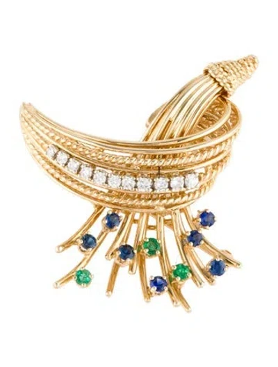 Pre-owned Brooch 14k Diamond Emerald & Sapphire Spray Pin  In Multi