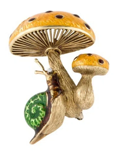 Pre-owned Brooch 14k Diamond Enamel Snail And Mushroom