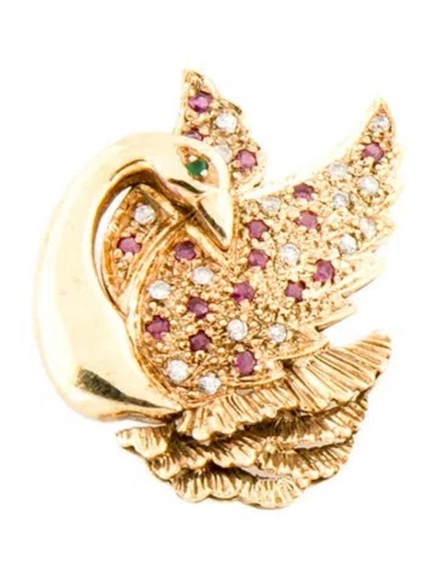 Pre-owned Brooch 14k Diamond, Ruby & Emerald Bird  In Multi
