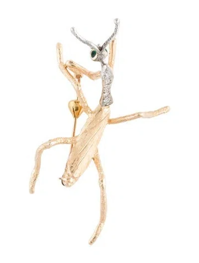Pre-owned Brooch 14k Emerald & Diamond Praying Mantis  In Multi