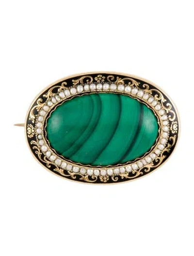Pre-owned Brooch 14k Malachite, Pearl & Enamel  In Multi