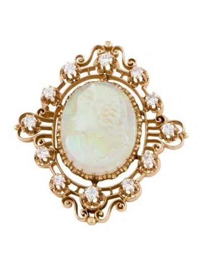 Pre-owned Brooch 14k Opal Cameo & Diamond Wirework  In Multi