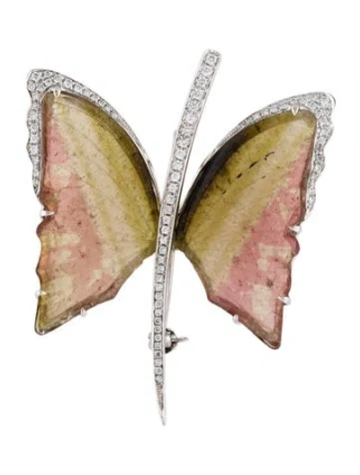 Pre-owned Brooch 14k Parti-colored Tourmaline & Diamond Butterfly  Pin In Multi
