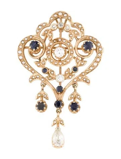 Pre-owned Brooch 14k Pearl, 1.06ctw Sapphire & Diamond Pendant  In Multi