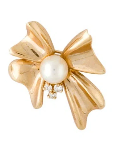 Pre-owned Brooch 14k Pearl & Diamond Bow Pin  In Multi