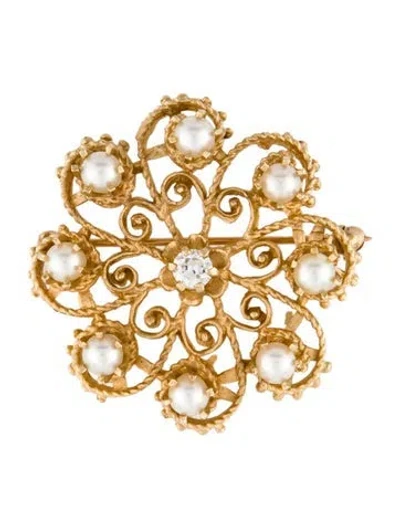 Pre-owned Brooch 14k Pearl & Diamond  Pin In Multi