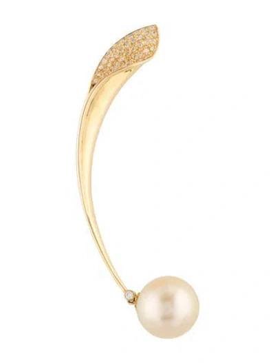 Pre-owned Brooch 14k Pearl & Diamond Curved  In Multi