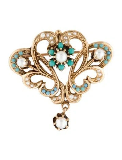 Pre-owned Brooch 14k Pearl & Glass  Pendant In Multi