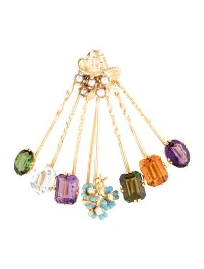 Pre-owned Brooch 14k Pearl & Multi-stone  In Blue