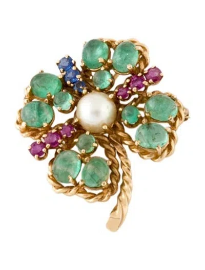 Pre-owned Brooch 14k Pearl & Multistone Clover Pendant