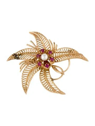 Pre-owned Brooch 14k Pearl & Ruby Floral  In Multi
