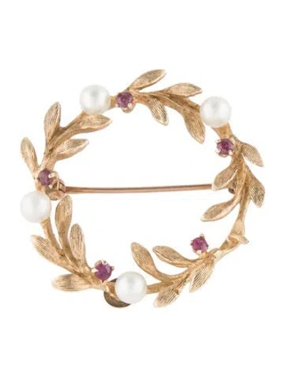 Pre-owned Brooch 14k Pearl & Ruby Pin  In Multi