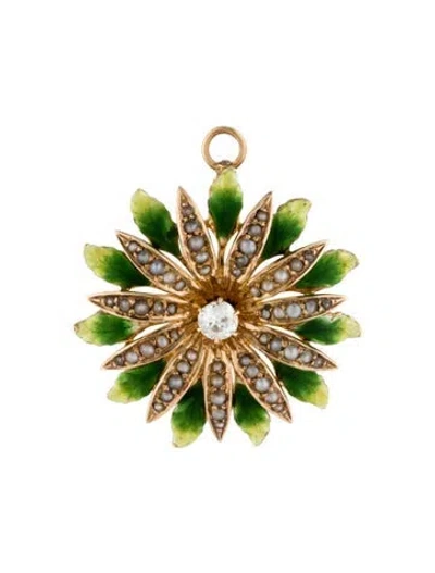Pre-owned Brooch 14k Pearl, Diamond Enamel Floral Pendant  In Multi