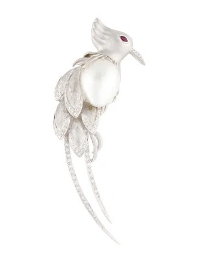 Pre-owned Brooch 14k Pearl, Ruby & Diamond Bird  In Multi