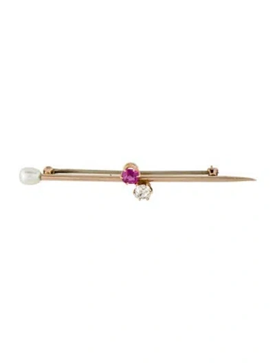 Pre-owned Brooch 14k Pearl, Ruby & Diamond Pin  In Multi