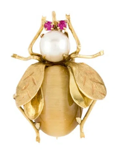 Pre-owned Brooch 14k Pearl, Tiger's Eye & Synthetic Ruby Bee Pin  In Multi