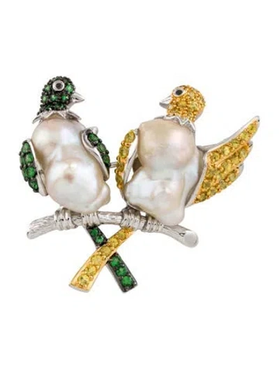 Pre-owned Brooch 14k Pearl, Tsavorite Garnet, Sapphire & Diamond Birds  Pin In Multi