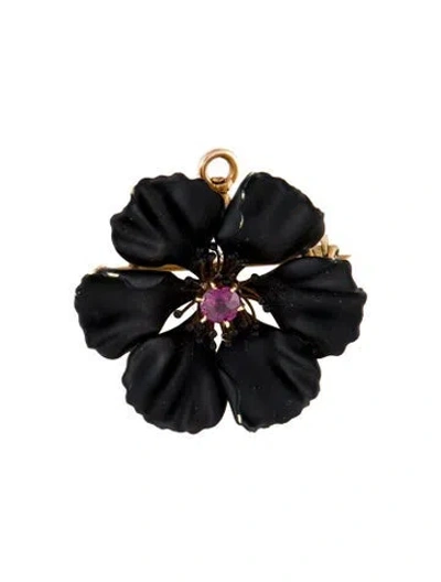 Pre-owned Brooch 14k Rhodolite & Enamel Flower Pendant  In Black