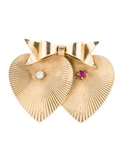 Pre-owned Brooch 14k Ruby & Diamond Double Heart Ribbon  In Multi