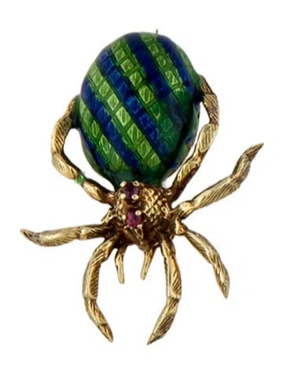 Pre-owned Brooch 14k Ruby & Enamel Spider  In Multi