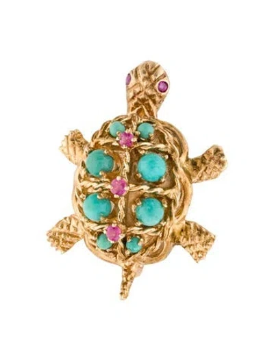 Pre-owned Brooch 14k Ruby & Turquoise Turtle  In Multi