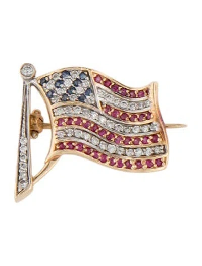 Pre-owned Brooch 14k Ruby, Sapphire & Diamond Usa Flag  In Multi
