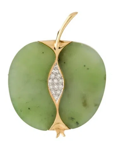 Pre-owned Brooch 14k Serpentine & Diamond Apple Pendant  In Multi