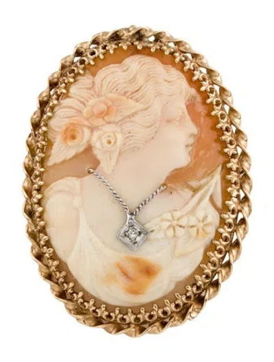 Pre-owned Brooch 14k Shell & Diamond Accented Cameo  In Multi