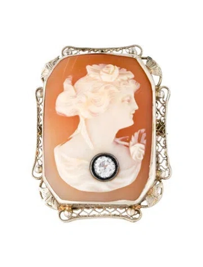 Pre-owned Brooch 14k Shell & Synthetic Sapphire Cameo  In Multi