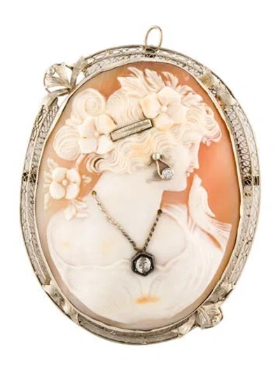Pre-owned Brooch 14k Shell Filigree Cameo Pin  In Multi