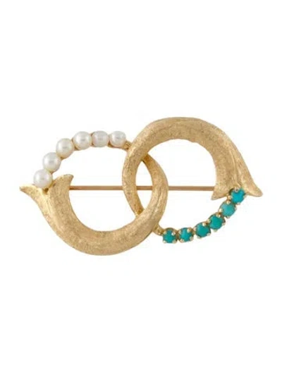 Pre-owned Brooch 14k Turquoise & Pearl  In Multi