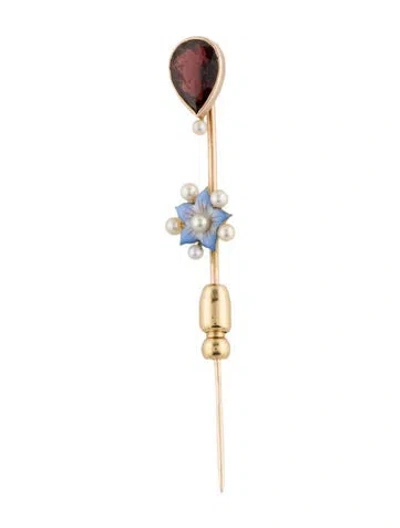Pre-owned Brooch 14k Vintage Pearl, Glass & Enamel Pin  In Multi