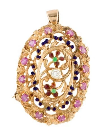 Pre-owned Brooch 18k 1.08ctw Sapphire, Diamond & Enamel Pendant  In Multi