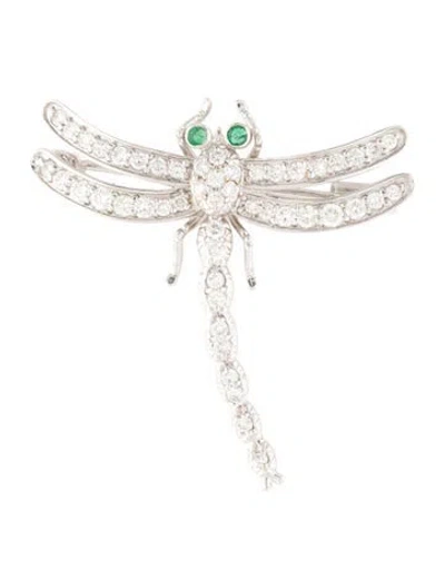 Pre-owned Brooch 18k 1.17ctw Diamond & Emerald Dragonfly Pin  In Multi
