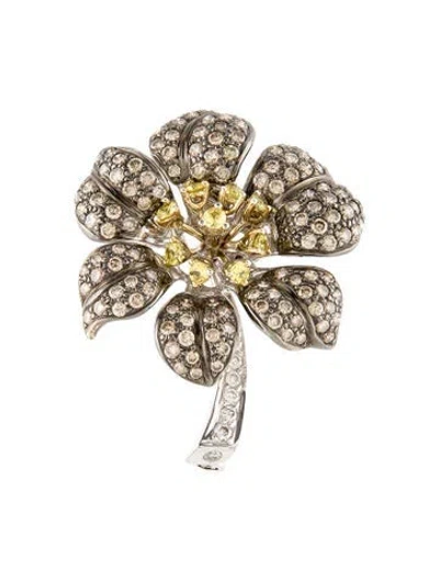Pre-owned Brooch 18k 1.77ctw Diamond & Yellow Sapphire Flower  In Multi