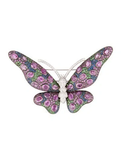Pre-owned Brooch 18k 21.61ctw Sapphire, Tsavorite Garnet & Diamond Butterfly  In Multi