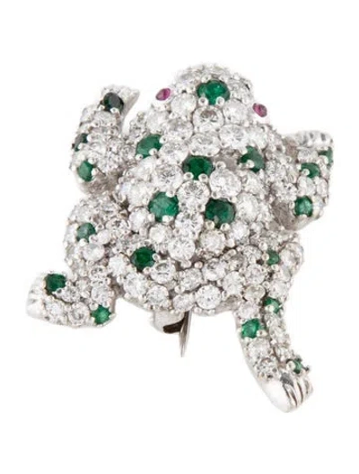Pre-owned Brooch 18k 4.38ctw Diamond. Emerald & Ruby Frog Pin  In Multi