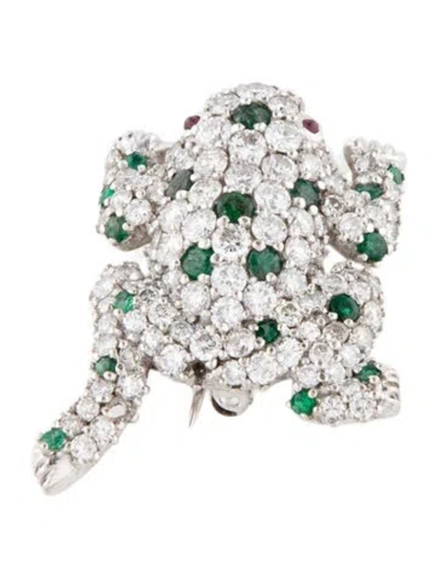Pre-owned Brooch 18k 4.38ctw Diamond. Emerald & Ruby Frog Pin  In Multi