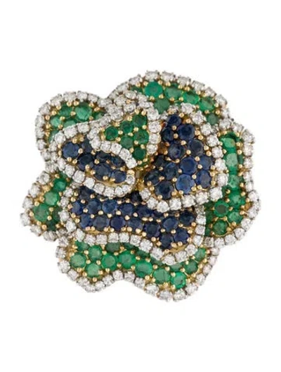Pre-owned Brooch 18k 8.78ctw Sapphire, Emerald & Diamond Flower Pin In Multi