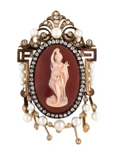 Pre-owned Brooch 18k Carnelian, Pearl & Diamond Cameo  In Multi