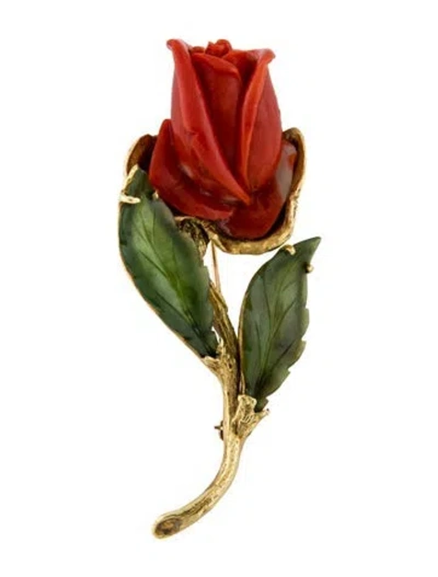 Pre-owned Brooch 18k Carved Coral & Nephrite Rose  In Multi