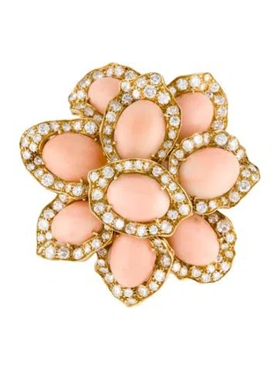 Pre-owned Brooch 18k Coral & 9.46ct Diamond  In Multi