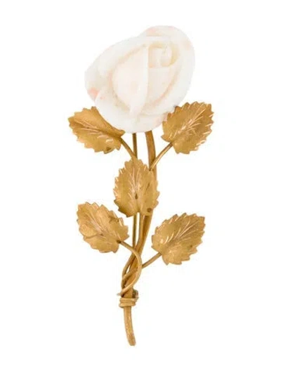 Pre-owned Brooch 18k Coral Carved Rose Pink  In Multi